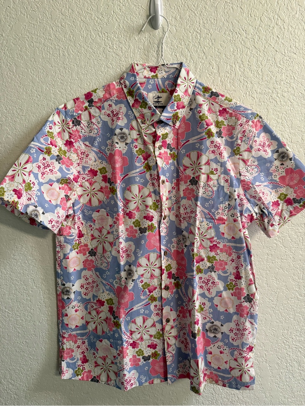 Men’s Casual Floral Short-Sleeve Button-Down Shirt - Blue & Pink